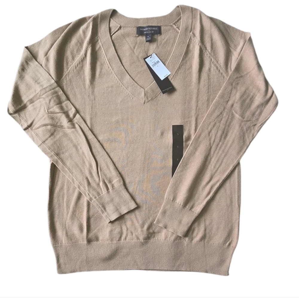 Tan V-Neck Knit Sweater with Ribbed Cuffs -Forever Sweater-